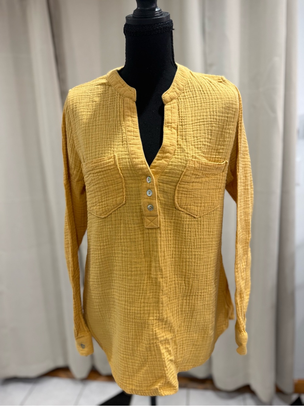 Relaxed Textured Henley Tunic in Mustard Yellow